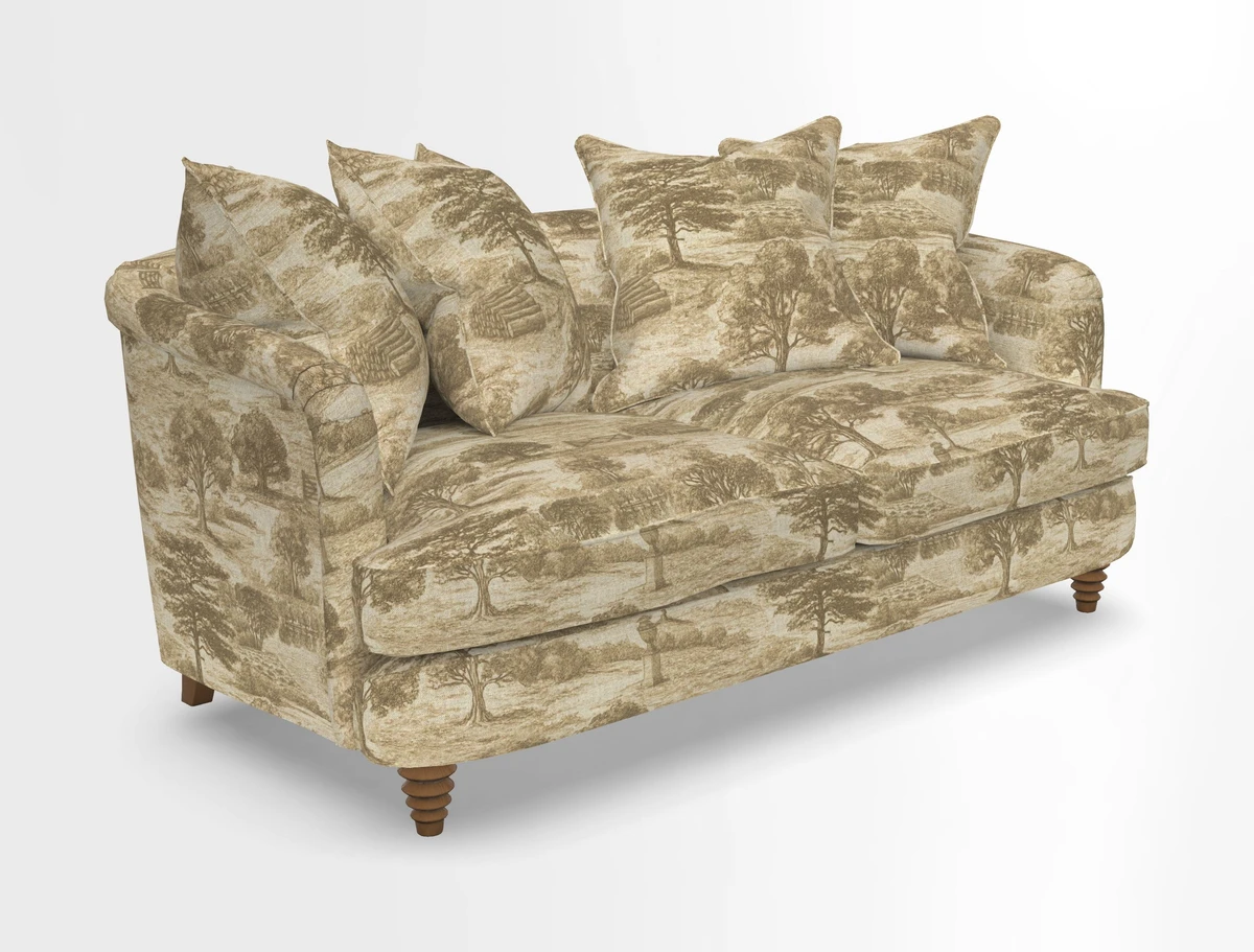 Helmsley Sofa in Mohair Velvet Fir Green with Seat and Back Cushions in RHS Collection Trailing Vine Olive and Small Trailing Ivy Olive