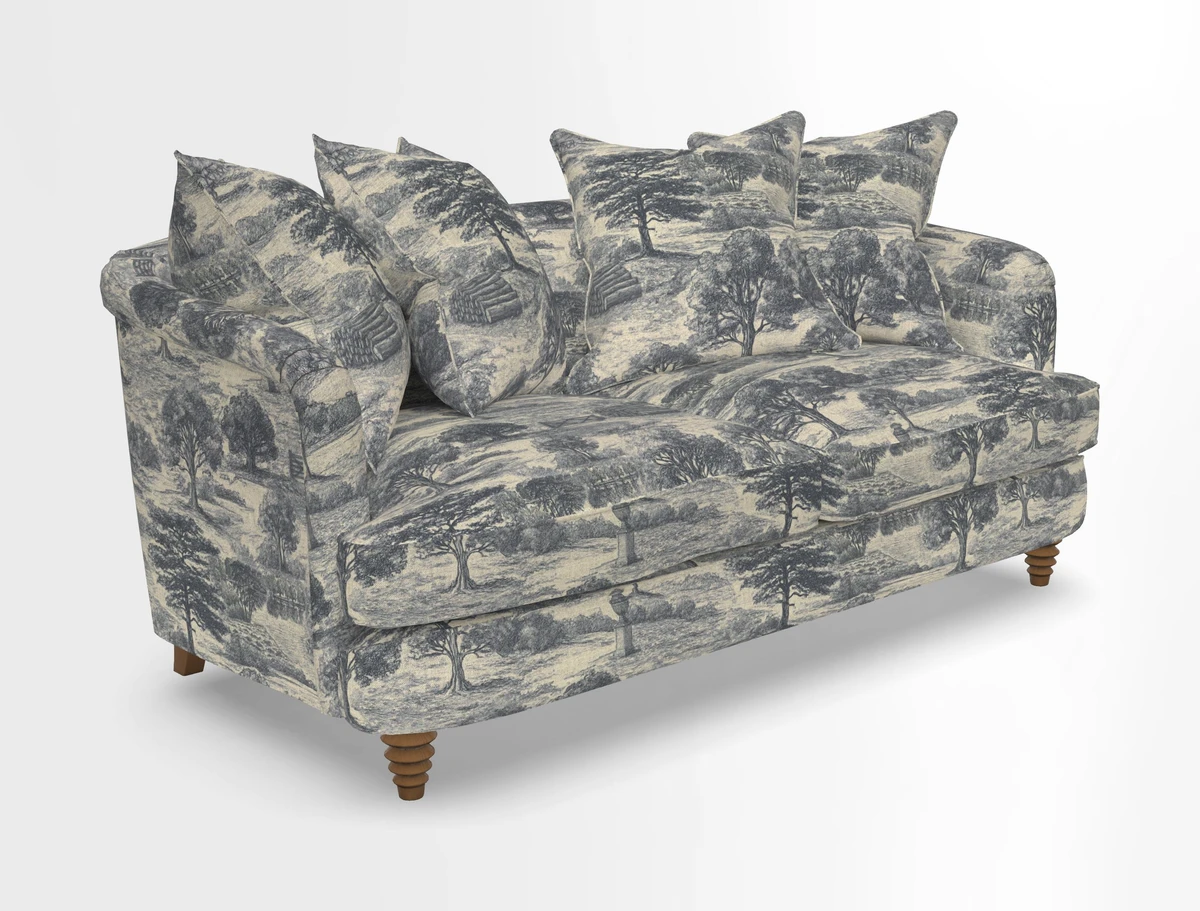 Helmsley Sofa in Mohair Velvet Fir Green with Seat and Back Cushions in RHS Collection Trailing Vine Olive and Small Trailing Ivy Olive