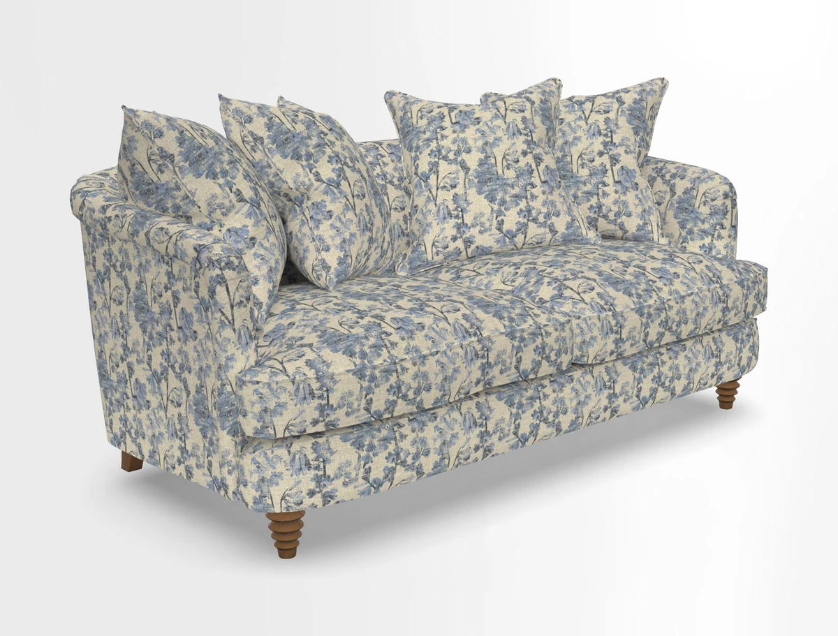 Helmsley Sofa in Mohair Velvet Fir Green with Seat and Back Cushions in RHS Collection Trailing Vine Olive and Small Trailing Ivy Olive