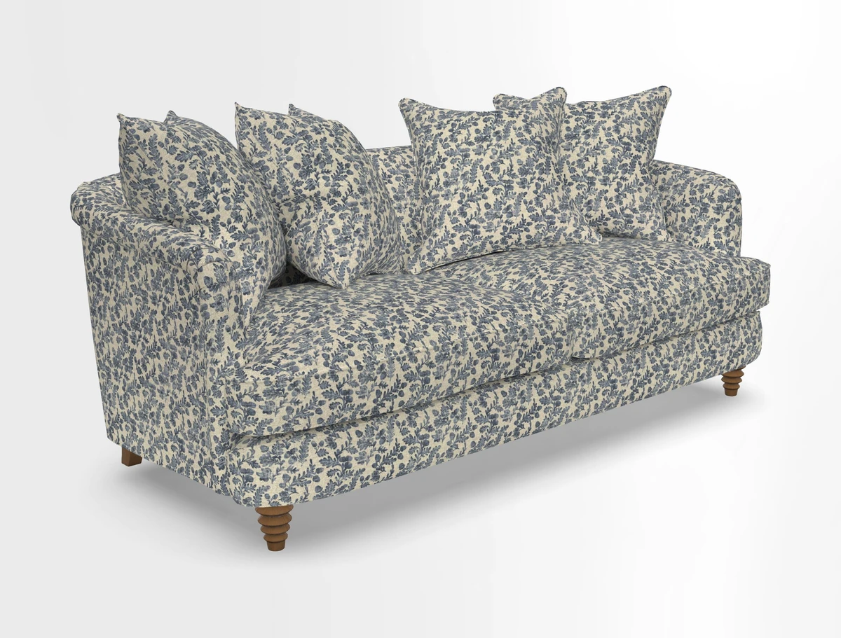 Helmsley 3 Seater Sofa in Mohair Velvet Fir Green with Seat and Back Cushions in RHS Collection Trailing Vine Olive and Small Trailing Ivy Olive