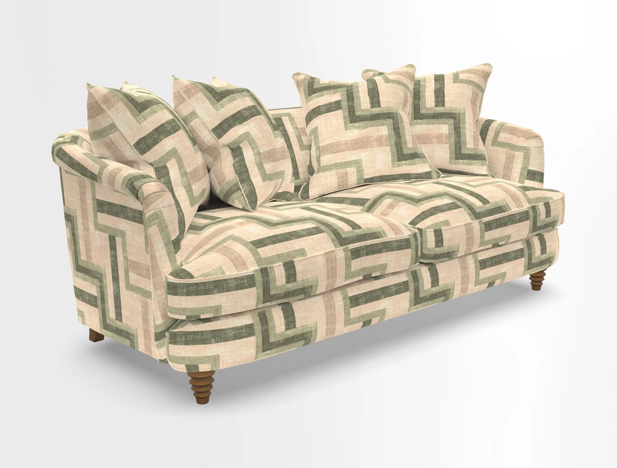 Helmsley 3 Seater Sofa in Mohair Velvet Fir Green with Seat and Back Cushions in RHS Collection Trailing Vine Olive and Small Trailing Ivy Olive