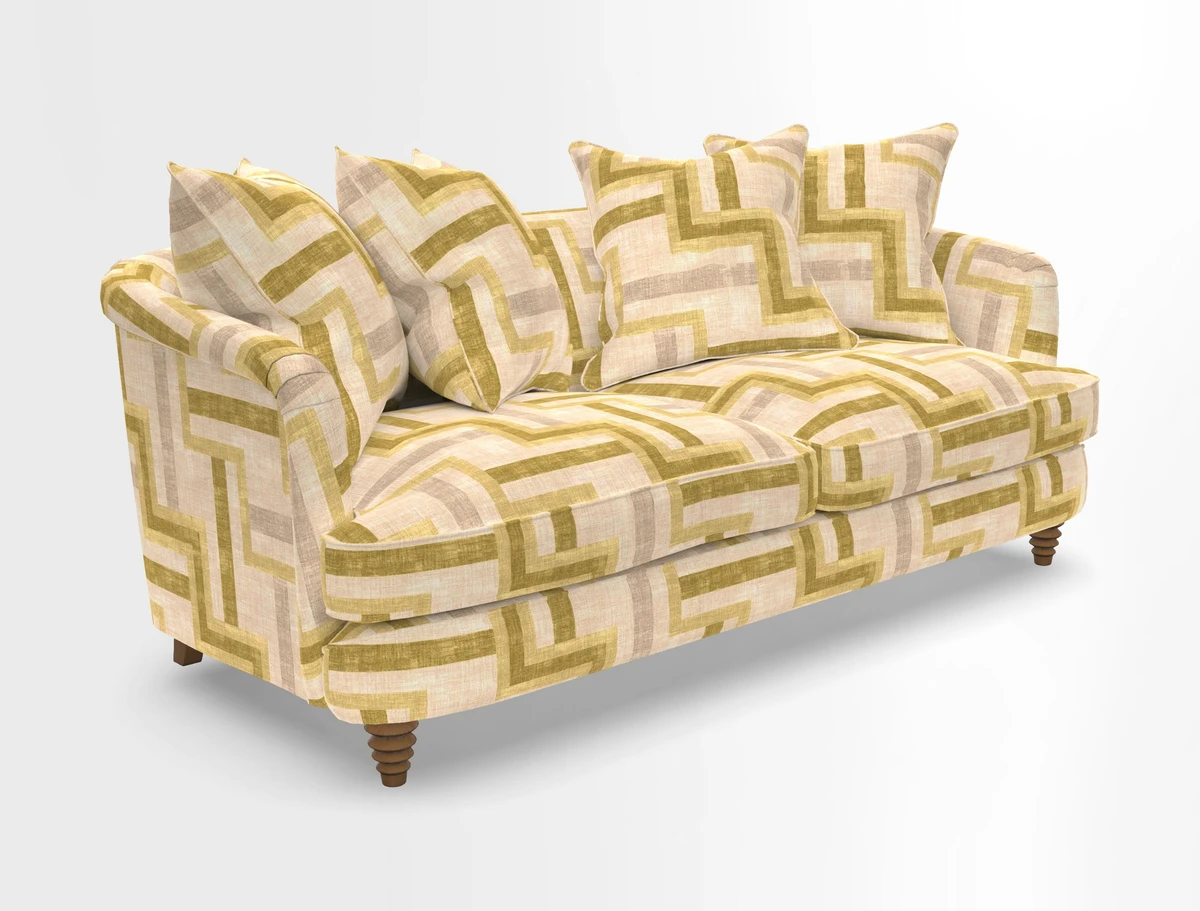 Helmsley 3 Seater Sofa in Mohair Velvet Fir Green with Seat and Back Cushions in RHS Collection Trailing Vine Olive and Small Trailing Ivy Olive