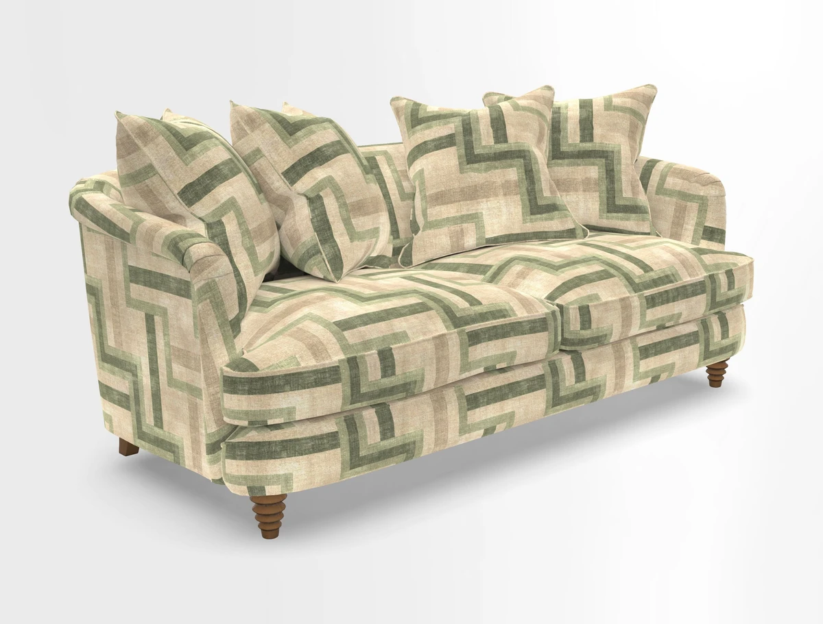 Helmsley 3 Seater Sofa in Mohair Velvet Fir Green with Seat and Back Cushions in RHS Collection Trailing Vine Olive and Small Trailing Ivy Olive