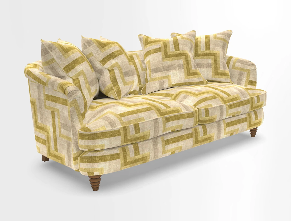 Helmsley 3 Seater Sofa in Mohair Velvet Fir Green with Seat and Back Cushions in RHS Collection Trailing Vine Olive and Small Trailing Ivy Olive