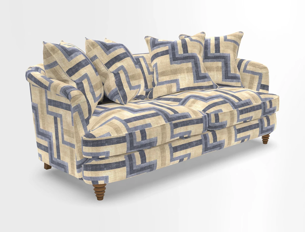 Helmsley 3 Seater Sofa in Mohair Velvet Fir Green with Seat and Back Cushions in RHS Collection Trailing Vine Olive and Small Trailing Ivy Olive