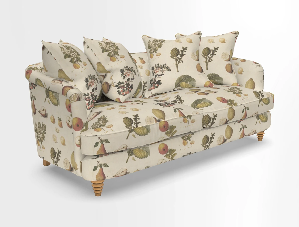 Helmsley 3 Seater Sofa in Mohair Velvet Fir Green with Seat and Back Cushions in RHS Collection Trailing Vine Olive and Small Trailing Ivy Olive