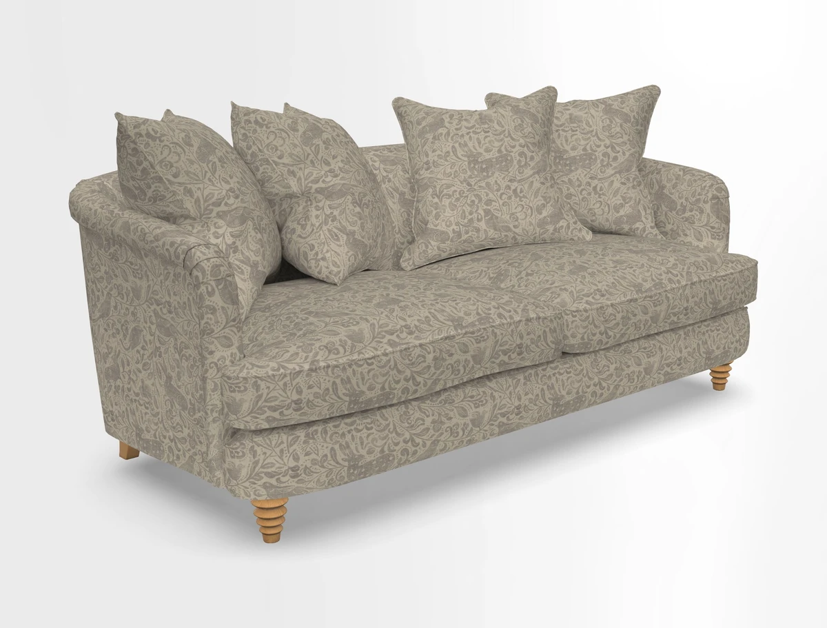 Helmsley 3 Seater Sofa in Mohair Velvet Fir Green with Seat and Back Cushions in RHS Collection Trailing Vine Olive and Small Trailing Ivy Olive
