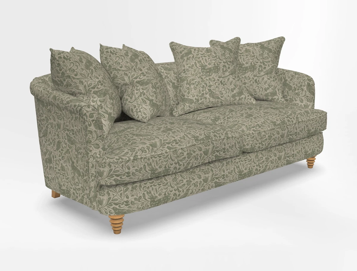 Helmsley 3 Seater Sofa in Mohair Velvet Fir Green with Seat and Back Cushions in RHS Collection Trailing Vine Olive and Small Trailing Ivy Olive