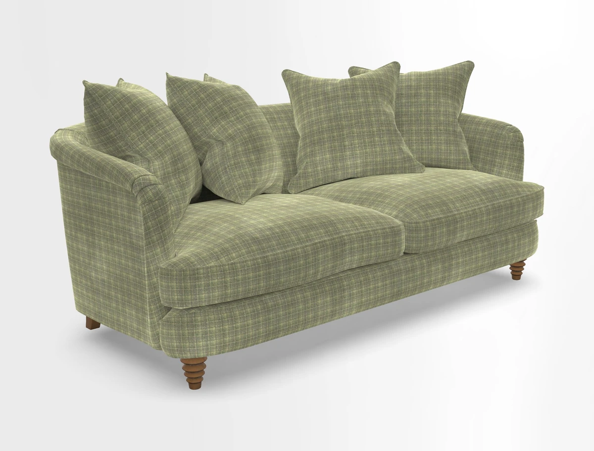 Helmsley 3 Seater Sofa in Mohair Velvet Fir Green with Seat and Back Cushions in RHS Collection Trailing Vine Olive and Small Trailing Ivy Olive