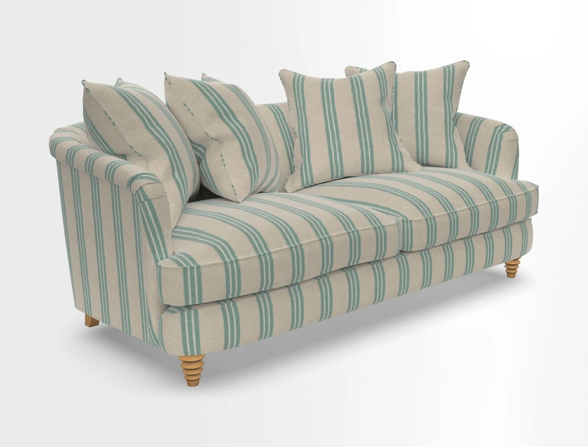Helmsley 3 Seater Sofa in Mohair Velvet Fir Green with Seat and Back Cushions in RHS Collection Trailing Vine Olive and Small Trailing Ivy Olive