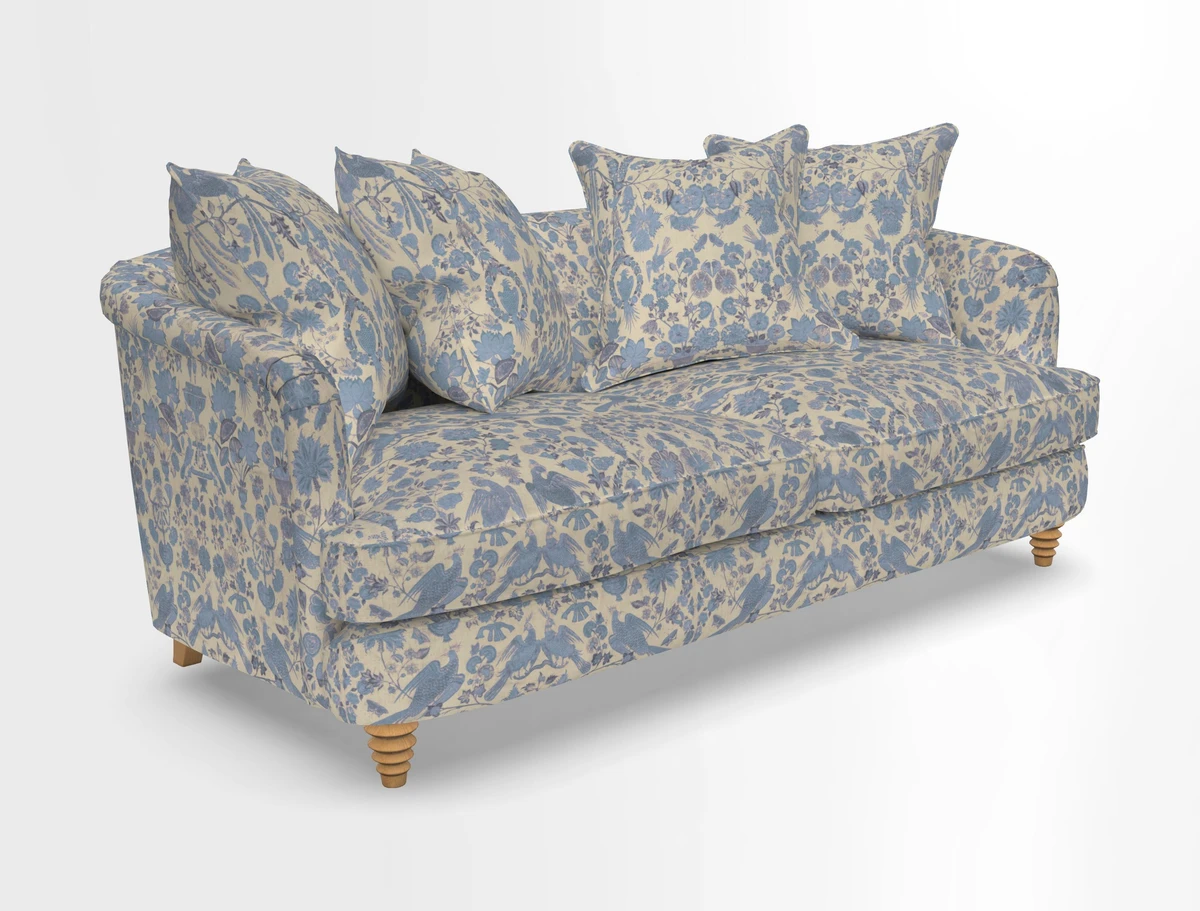 Helmsley 3 Seater Sofa in Mohair Velvet Fir Green with Seat and Back Cushions in RHS Collection Trailing Vine Olive and Small Trailing Ivy Olive