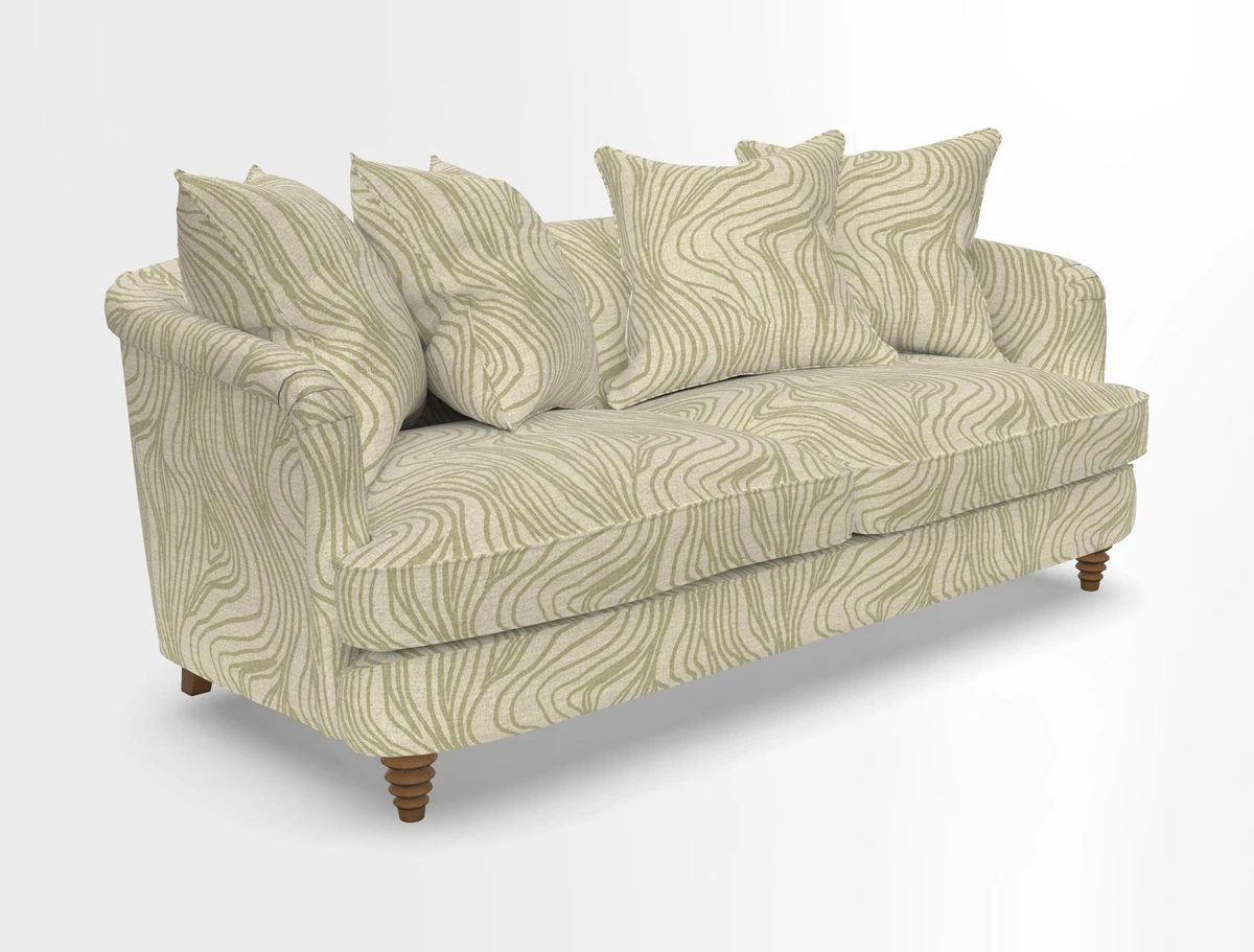 Helmsley 3 Seater Sofa in Mohair Velvet Fir Green with Seat and Back Cushions in RHS Collection Trailing Vine Olive and Small Trailing Ivy Olive