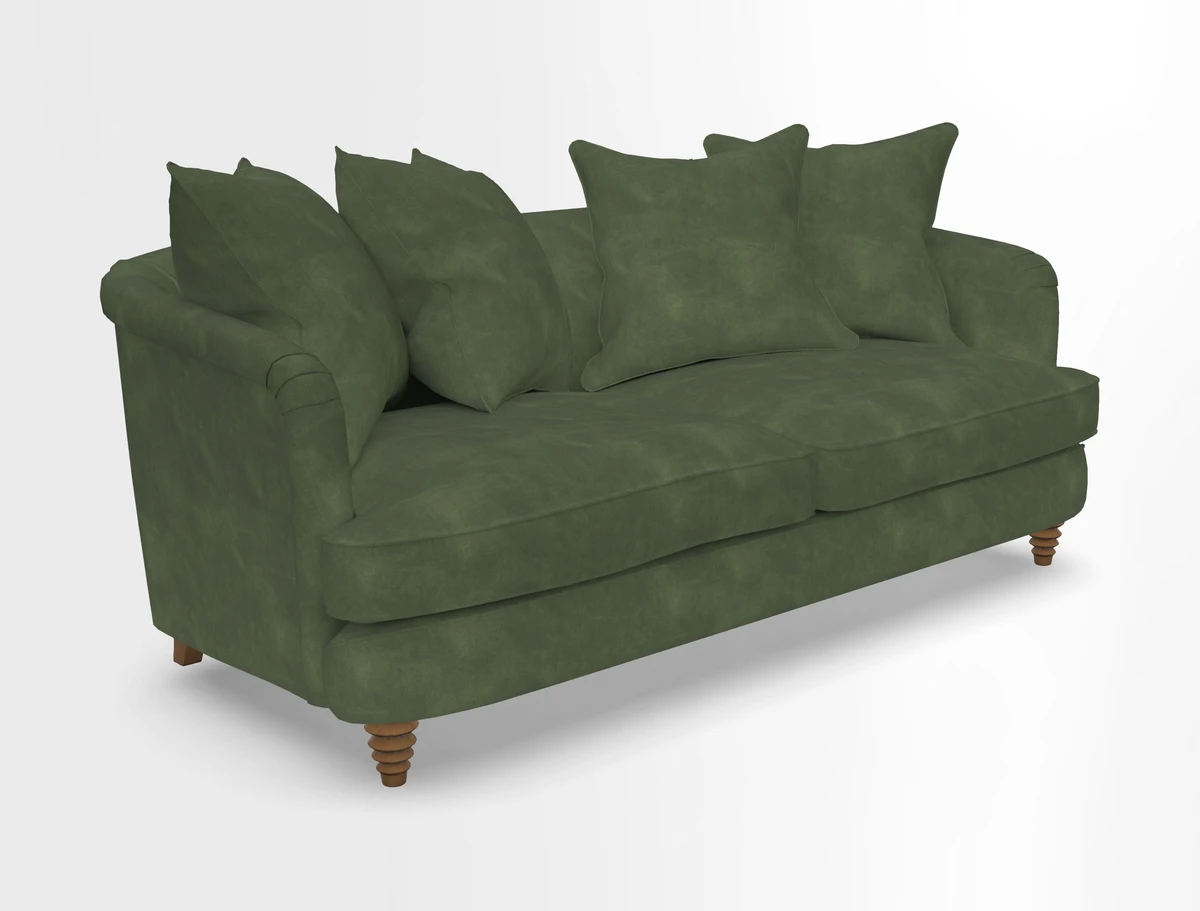 Helmsley 3 Seater Sofa in Mohair Velvet Fir Green with Seat and Back Cushions in RHS Collection Trailing Vine Olive and Small Trailing Ivy Olive