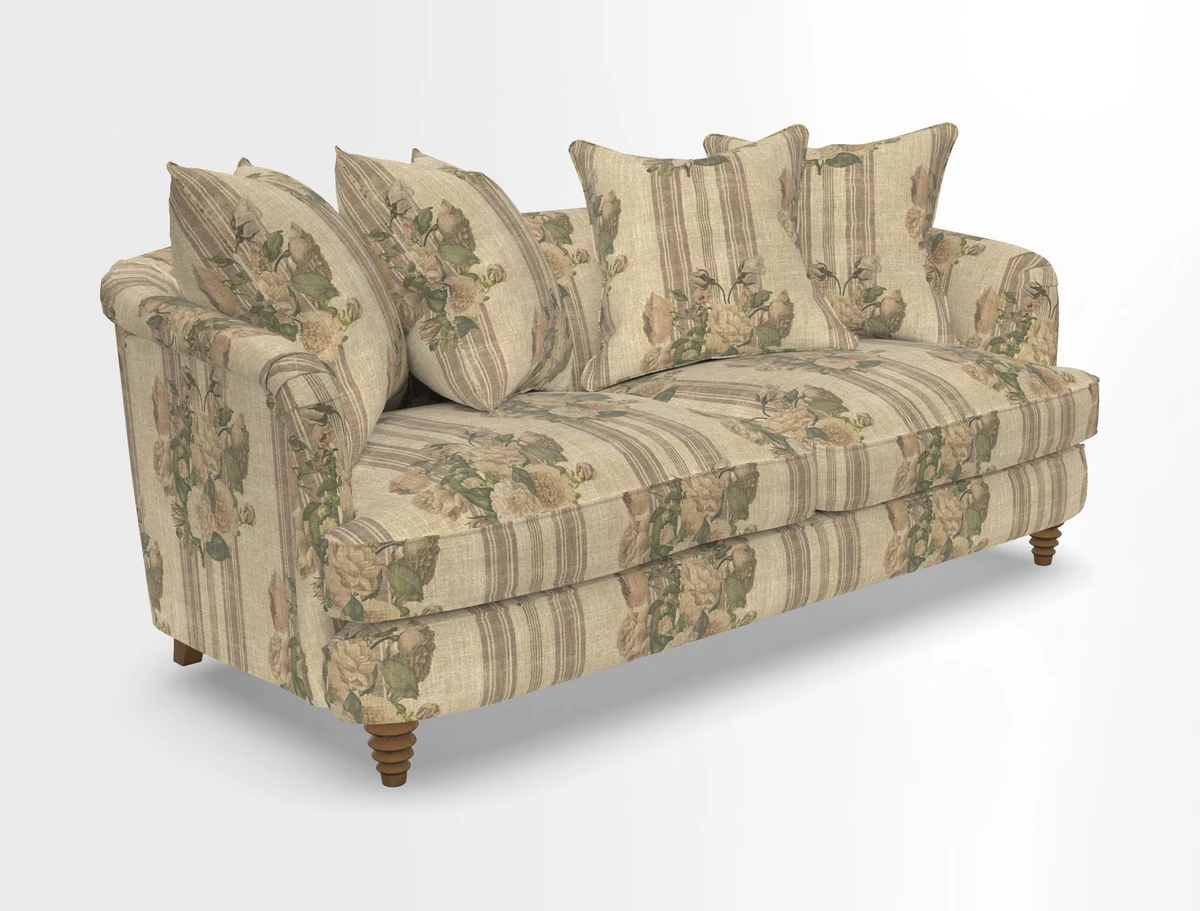 Helmsley 3 Seater Sofa in Mohair Velvet Fir Green with Seat and Back Cushions in RHS Collection Trailing Vine Olive and Small Trailing Ivy Olive