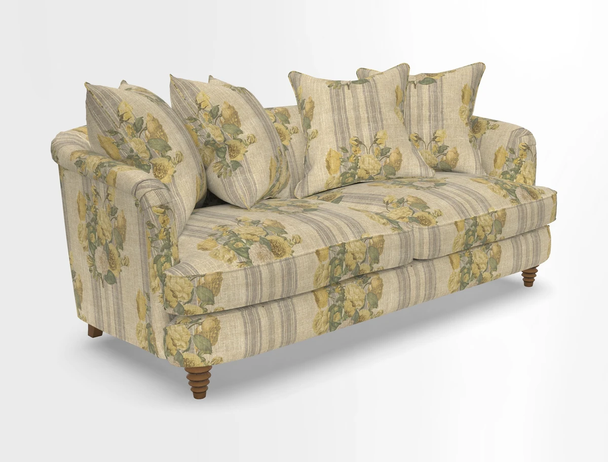 Helmsley 3 Seater Sofa in Mohair Velvet Fir Green with Seat and Back Cushions in RHS Collection Trailing Vine Olive and Small Trailing Ivy Olive