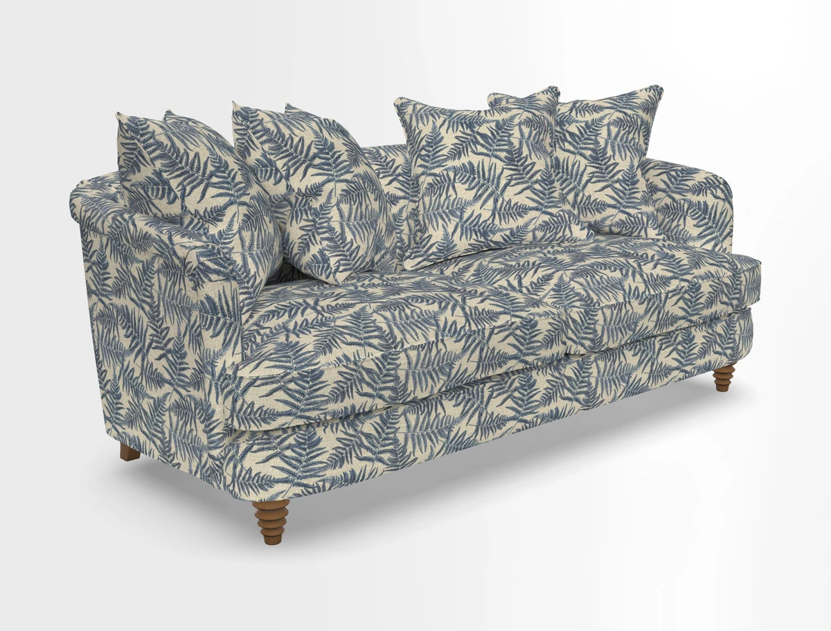 Helmsley 3 Seater Sofa in Mohair Velvet Fir Green with Seat and Back Cushions in RHS Collection Trailing Vine Olive and Small Trailing Ivy Olive