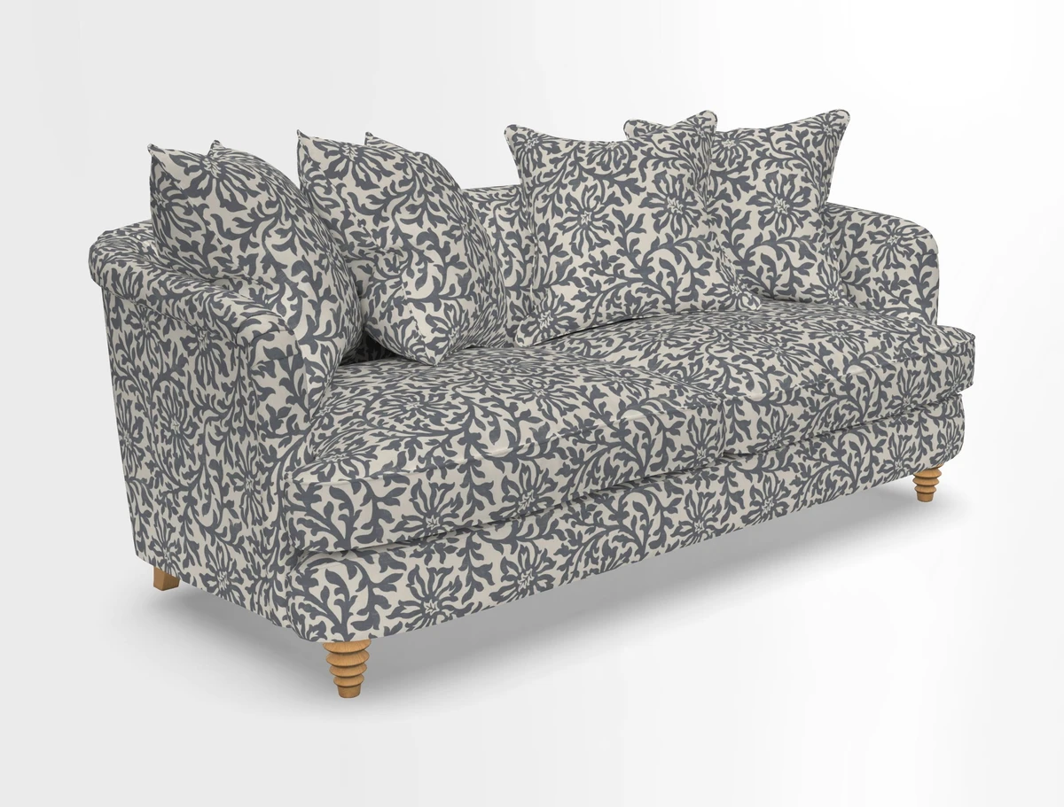 Helmsley 3 Seater Sofa in Mohair Velvet Fir Green with Seat and Back Cushions in RHS Collection Trailing Vine Olive and Small Trailing Ivy Olive