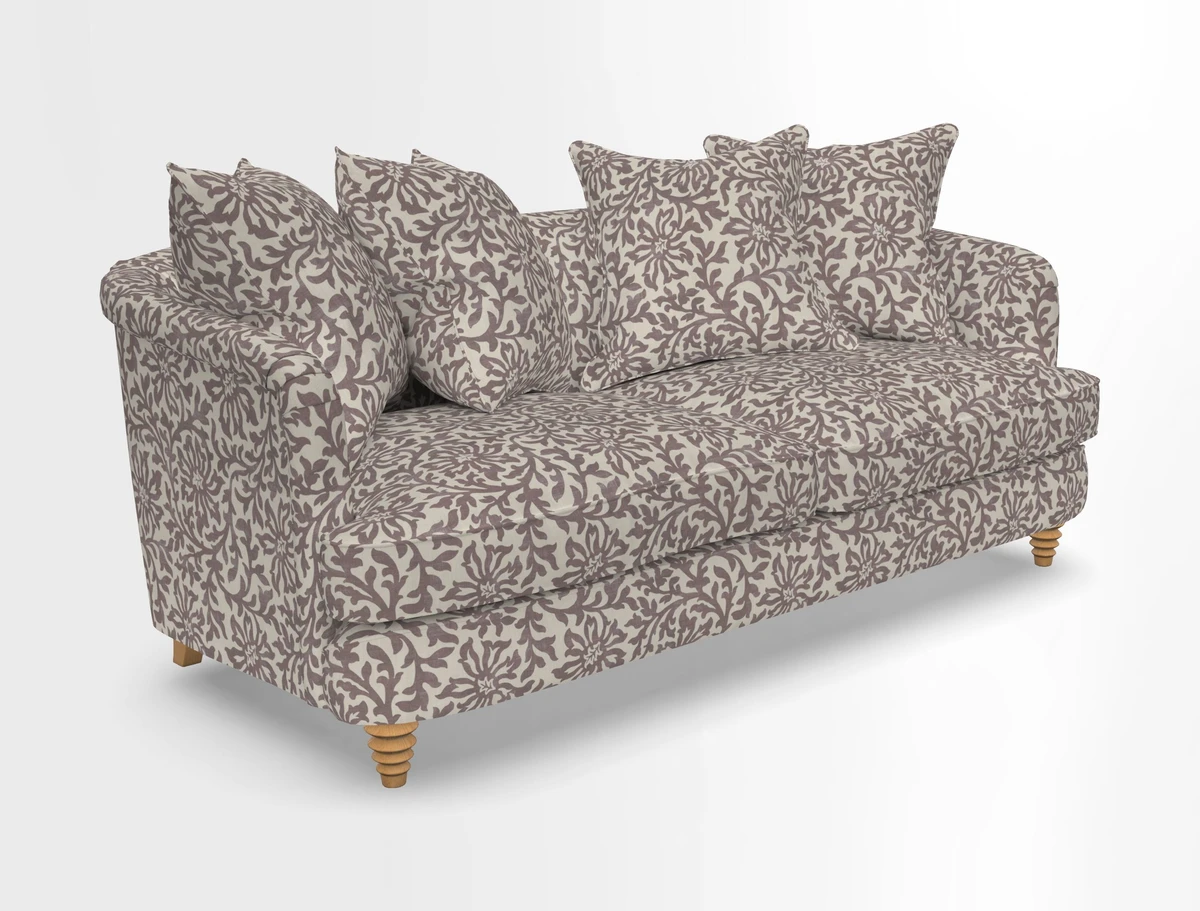 Helmsley 3 Seater Sofa in Mohair Velvet Fir Green with Seat and Back Cushions in RHS Collection Trailing Vine Olive and Small Trailing Ivy Olive