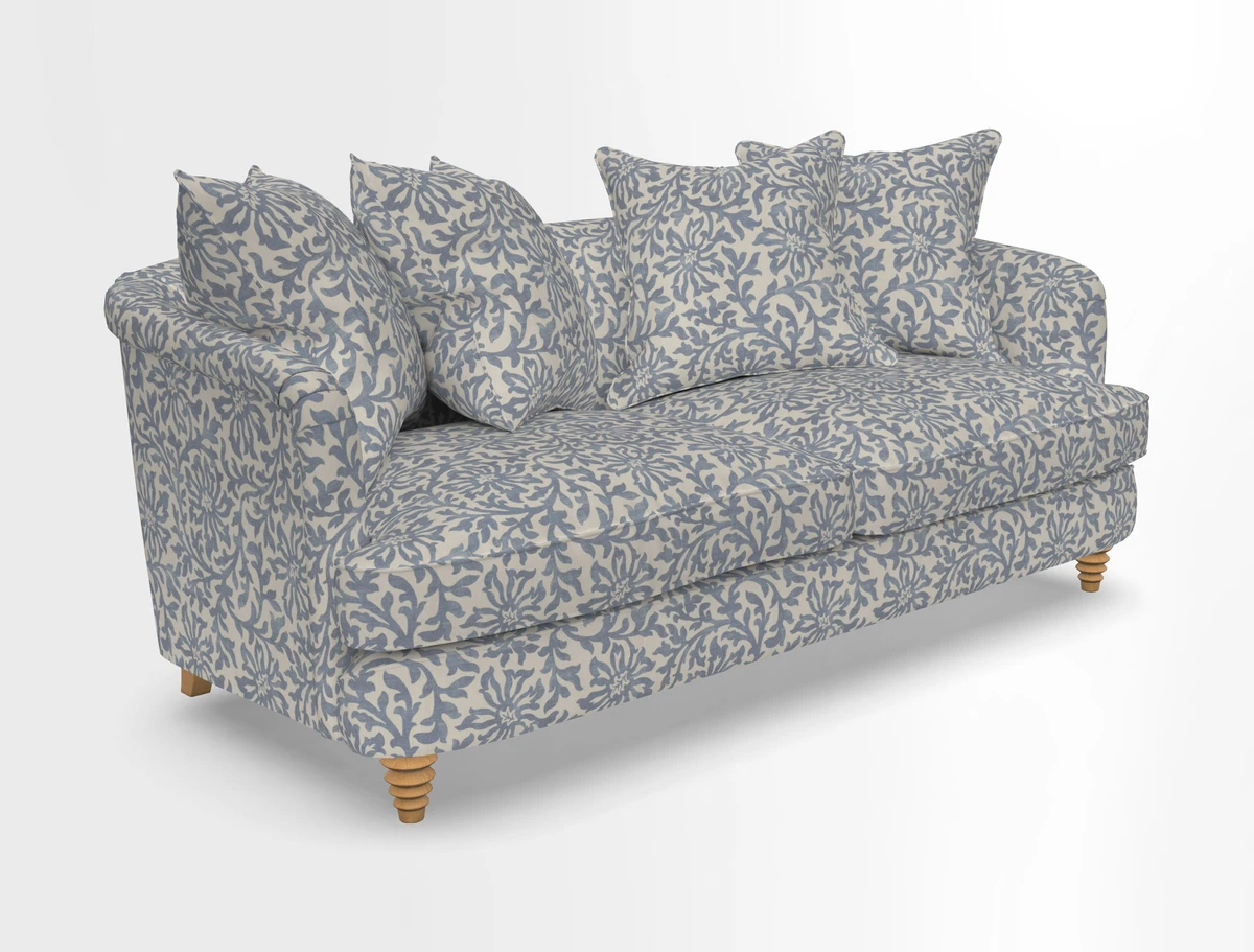 Helmsley 3 Seater Sofa in Mohair Velvet Fir Green with Seat and Back Cushions in RHS Collection Trailing Vine Olive and Small Trailing Ivy Olive