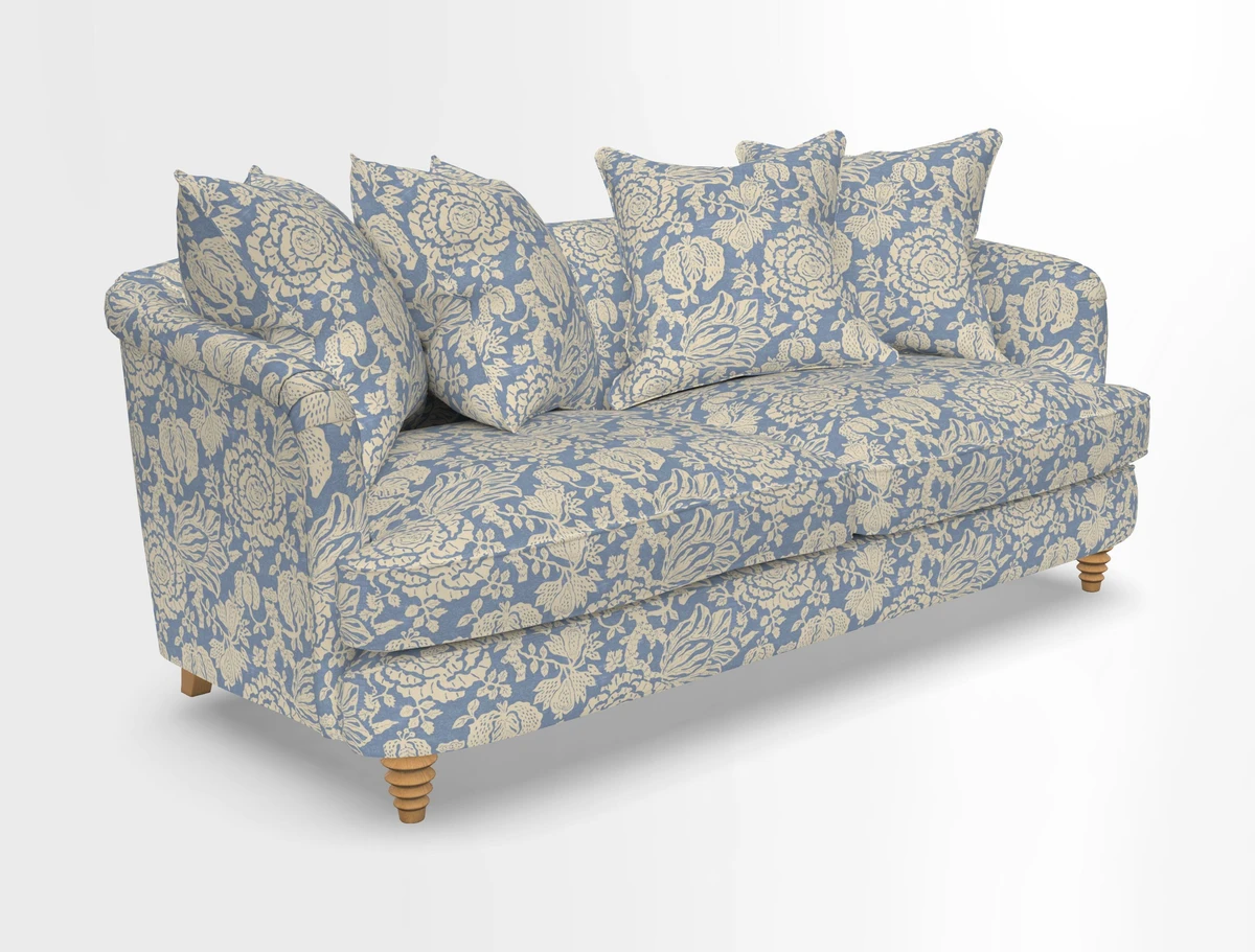 Helmsley 3 Seater Sofa in Mohair Velvet Fir Green with Seat and Back Cushions in RHS Collection Trailing Vine Olive and Small Trailing Ivy Olive