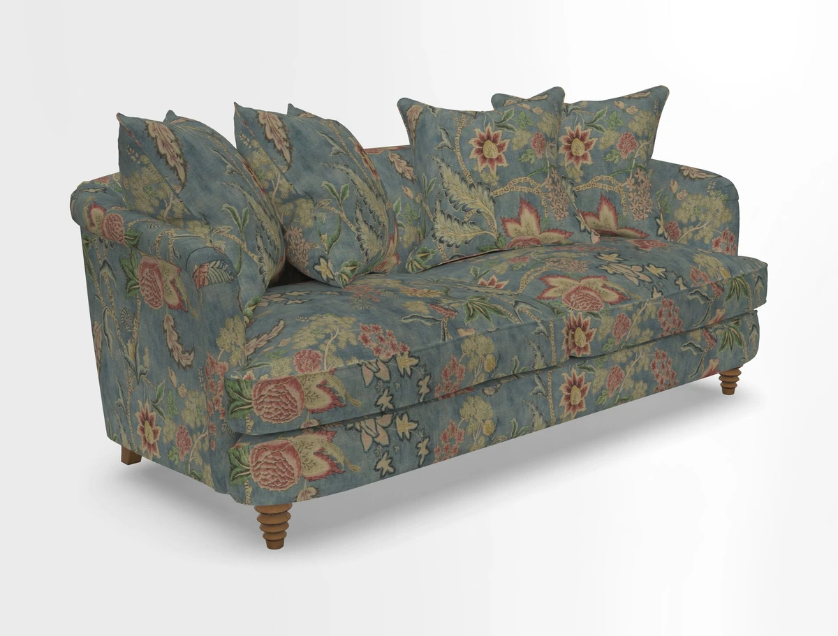 Helmsley 3 Seater Sofa in Mohair Velvet Fir Green with Seat and Back Cushions in RHS Collection Trailing Vine Olive and Small Trailing Ivy Olive