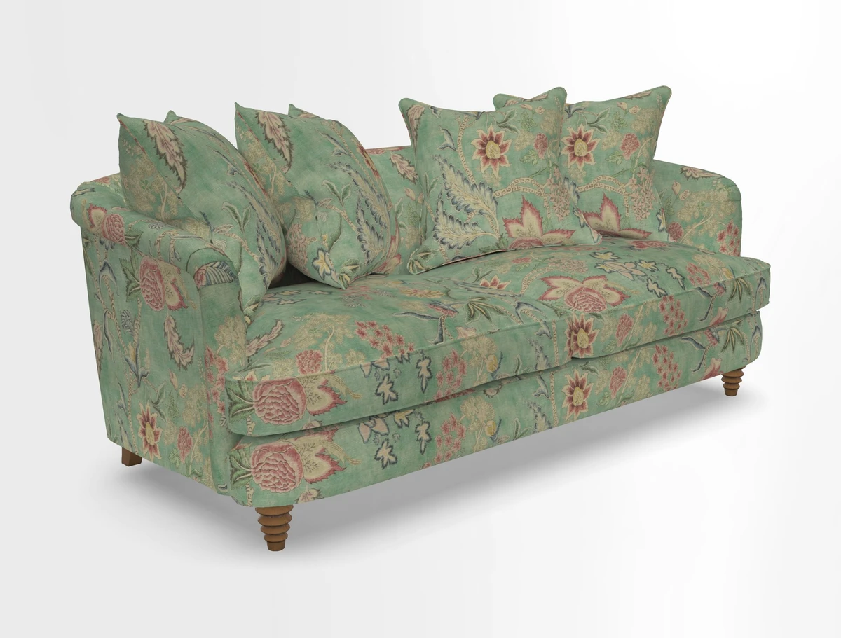 Helmsley 3 Seater Sofa in Mohair Velvet Fir Green with Seat and Back Cushions in RHS Collection Trailing Vine Olive and Small Trailing Ivy Olive