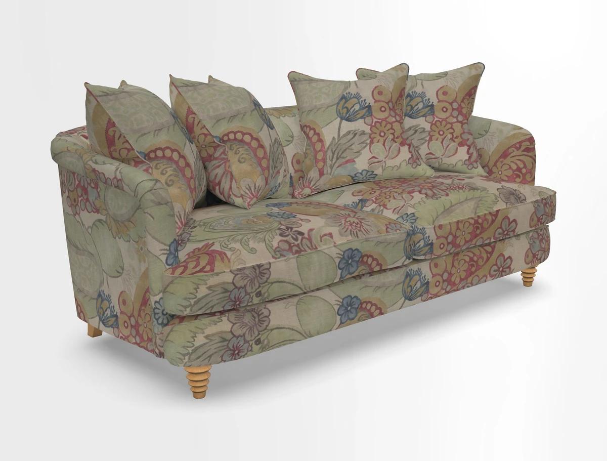 Helmsley 3 Seater Sofa in Mohair Velvet Fir Green with Seat and Back Cushions in RHS Collection Trailing Vine Olive and Small Trailing Ivy Olive