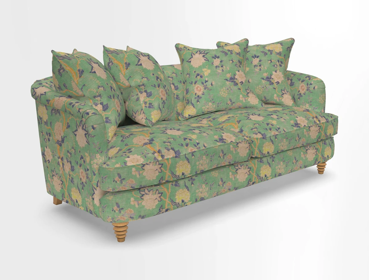 Helmsley 3 Seater Sofa in Mohair Velvet Fir Green with Seat and Back Cushions in RHS Collection Trailing Vine Olive and Small Trailing Ivy Olive