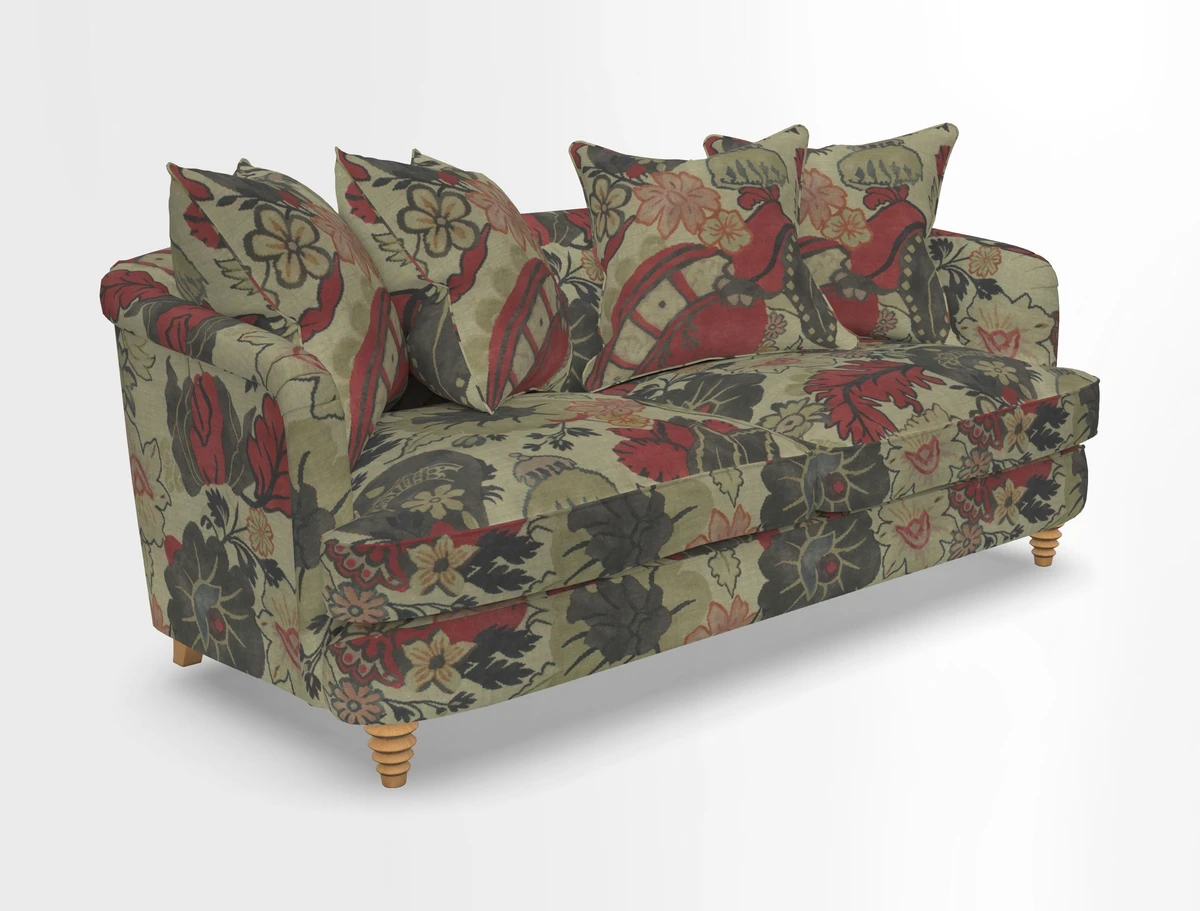 Helmsley 3 Seater Sofa in Mohair Velvet Fir Green with Seat and Back Cushions in RHS Collection Trailing Vine Olive and Small Trailing Ivy Olive