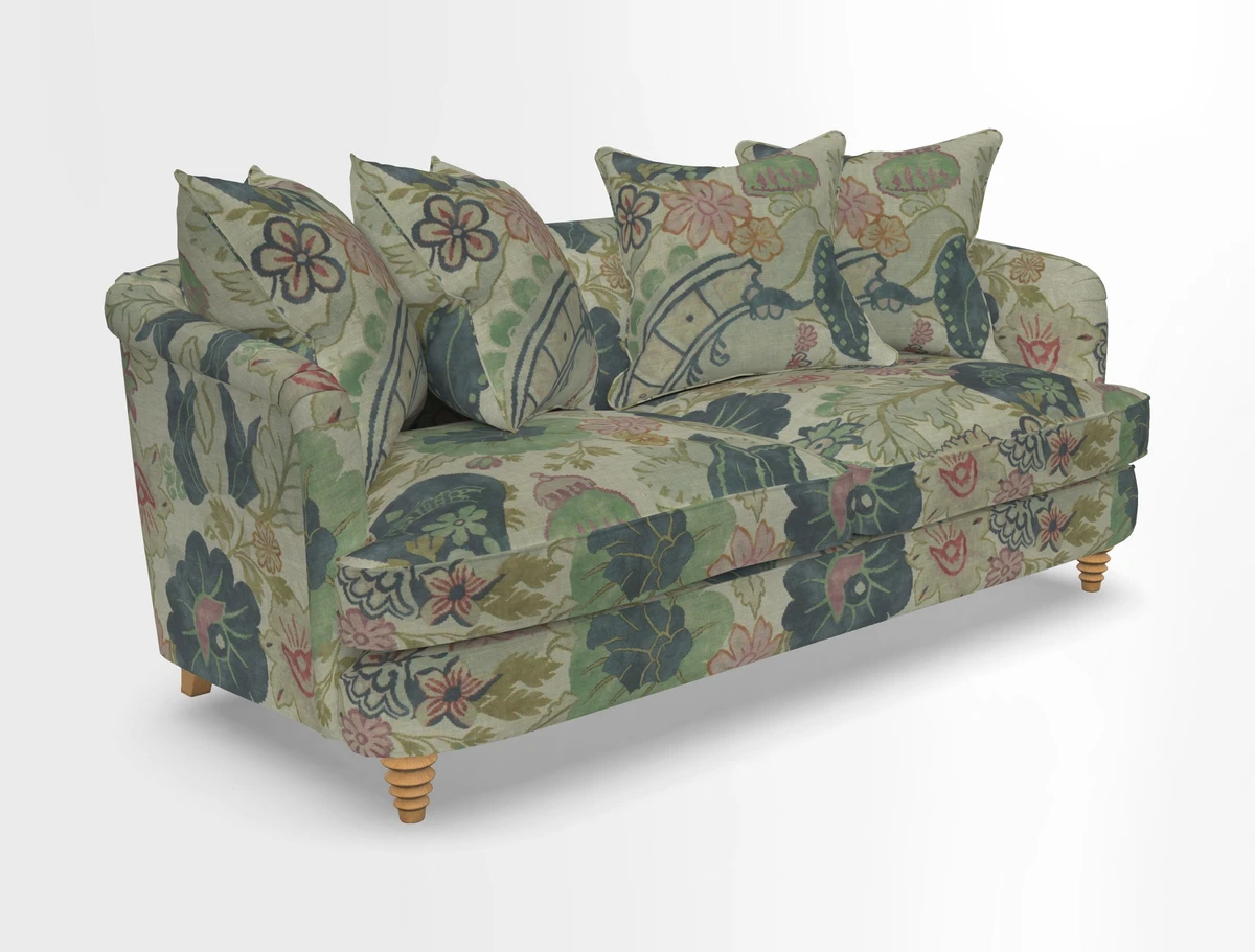 Helmsley 3 Seater Sofa in Mohair Velvet Fir Green with Seat and Back Cushions in RHS Collection Trailing Vine Olive and Small Trailing Ivy Olive