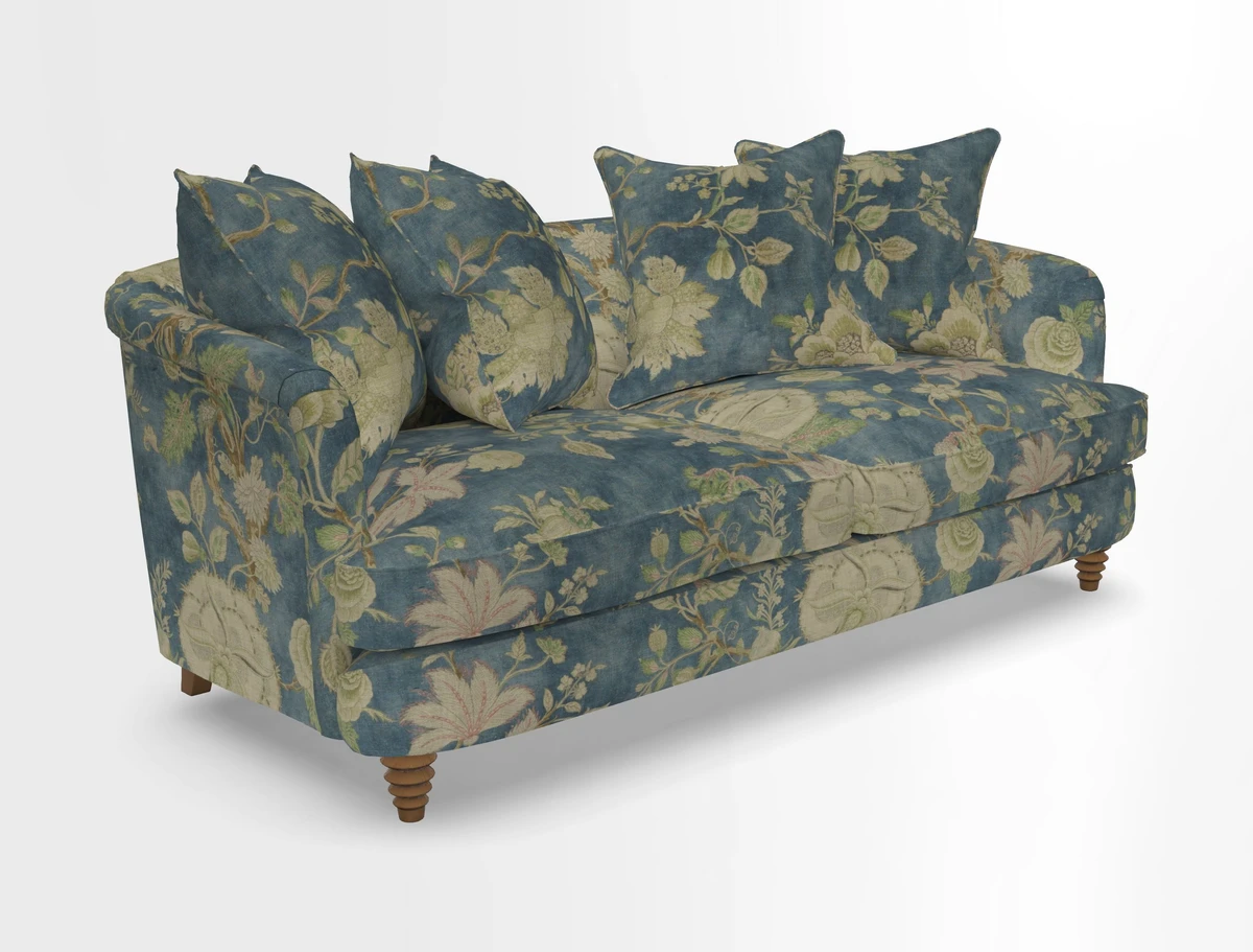 Helmsley 3 Seater Sofa in Mohair Velvet Fir Green with Seat and Back Cushions in RHS Collection Trailing Vine Olive and Small Trailing Ivy Olive