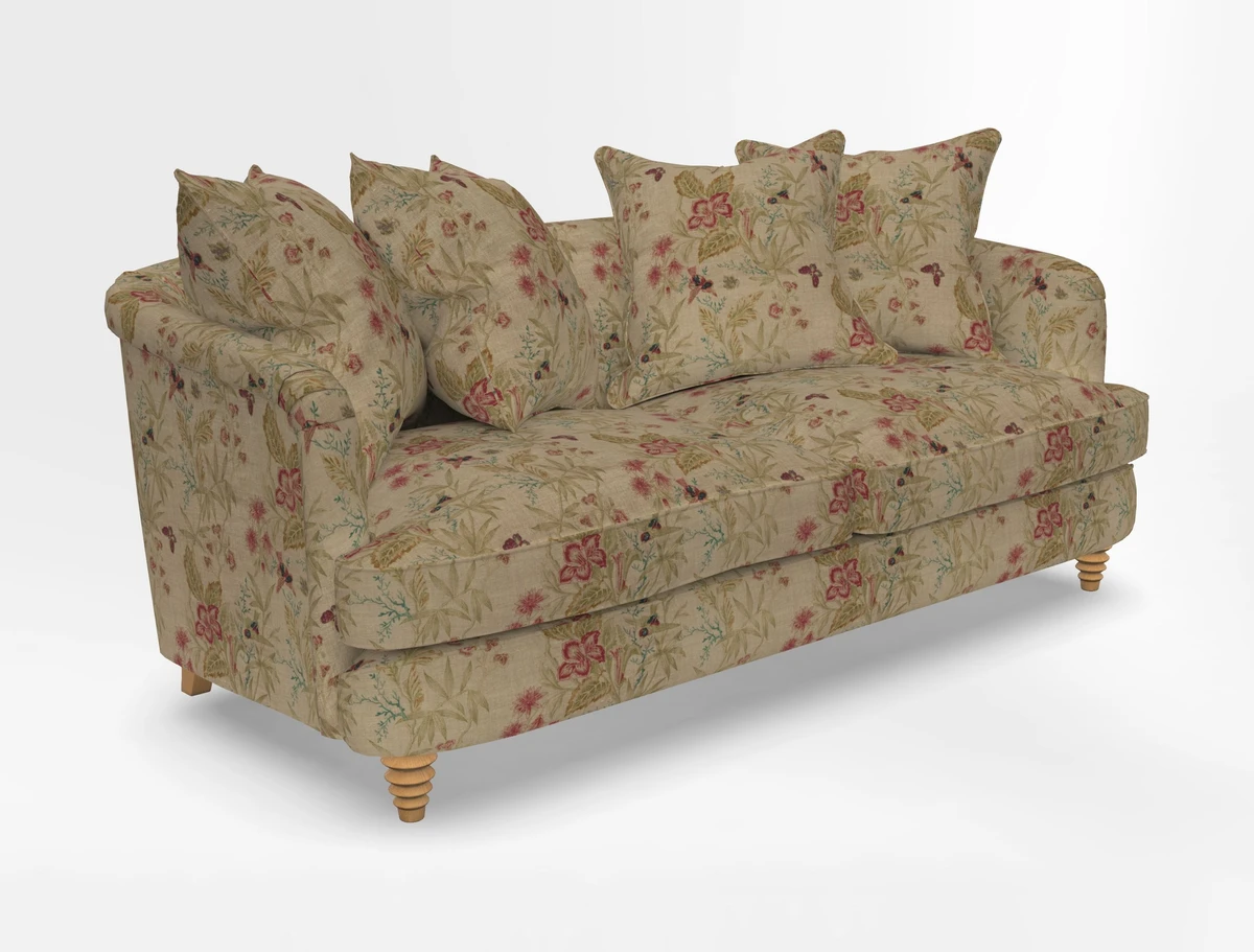 Helmsley 3 Seater Sofa in Mohair Velvet Fir Green with Seat and Back Cushions in RHS Collection Trailing Vine Olive and Small Trailing Ivy Olive