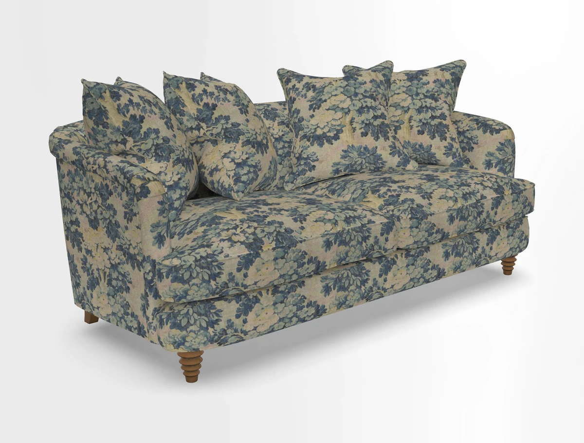 Helmsley 3 Seater Sofa in Mohair Velvet Fir Green with Seat and Back Cushions in RHS Collection Trailing Vine Olive and Small Trailing Ivy Olive