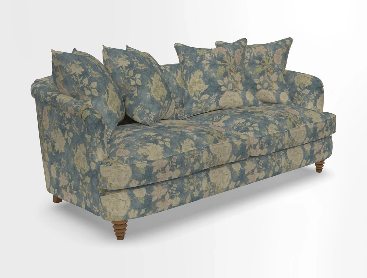 Helmsley 3 Seater Sofa in Mohair Velvet Fir Green with Seat and Back Cushions in RHS Collection Trailing Vine Olive and Small Trailing Ivy Olive