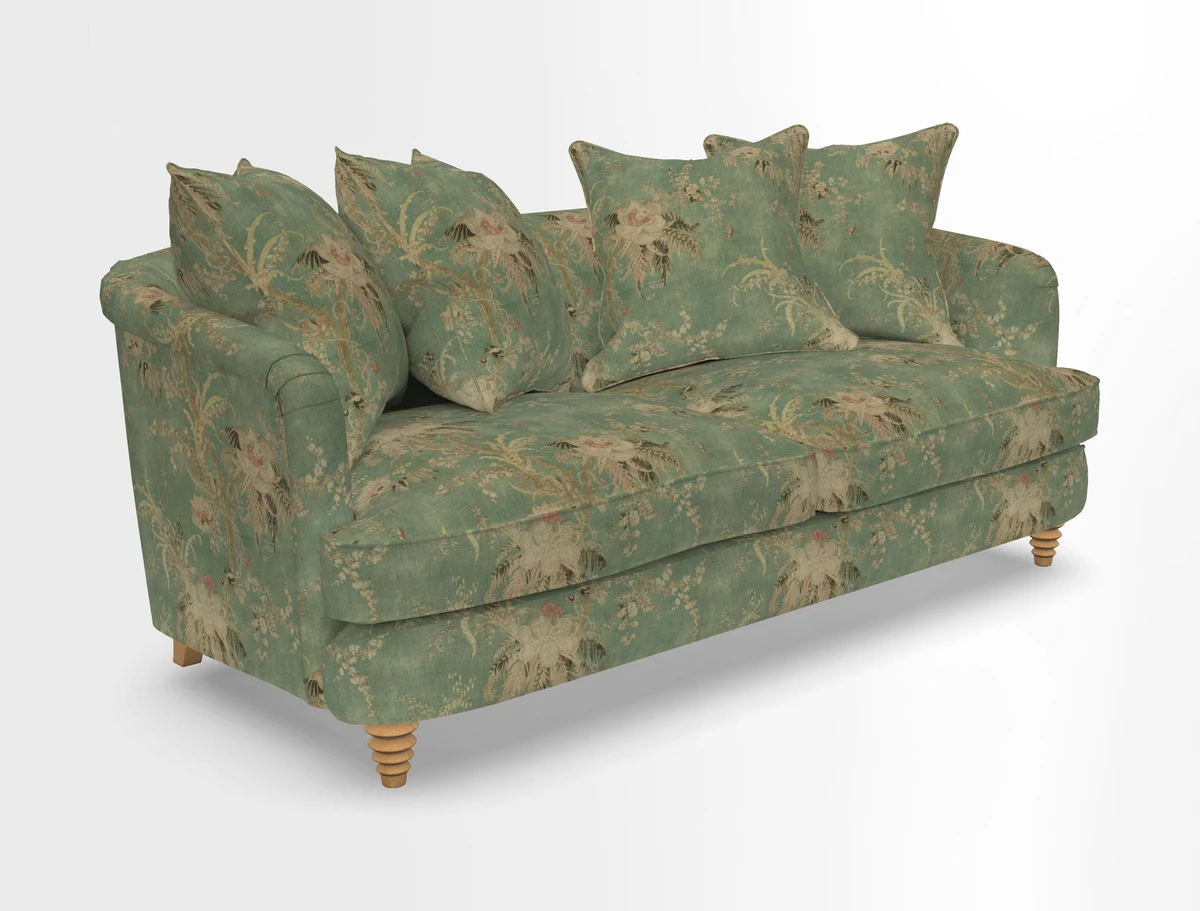 Helmsley 3 Seater Sofa in Mohair Velvet Fir Green with Seat and Back Cushions in RHS Collection Trailing Vine Olive and Small Trailing Ivy Olive