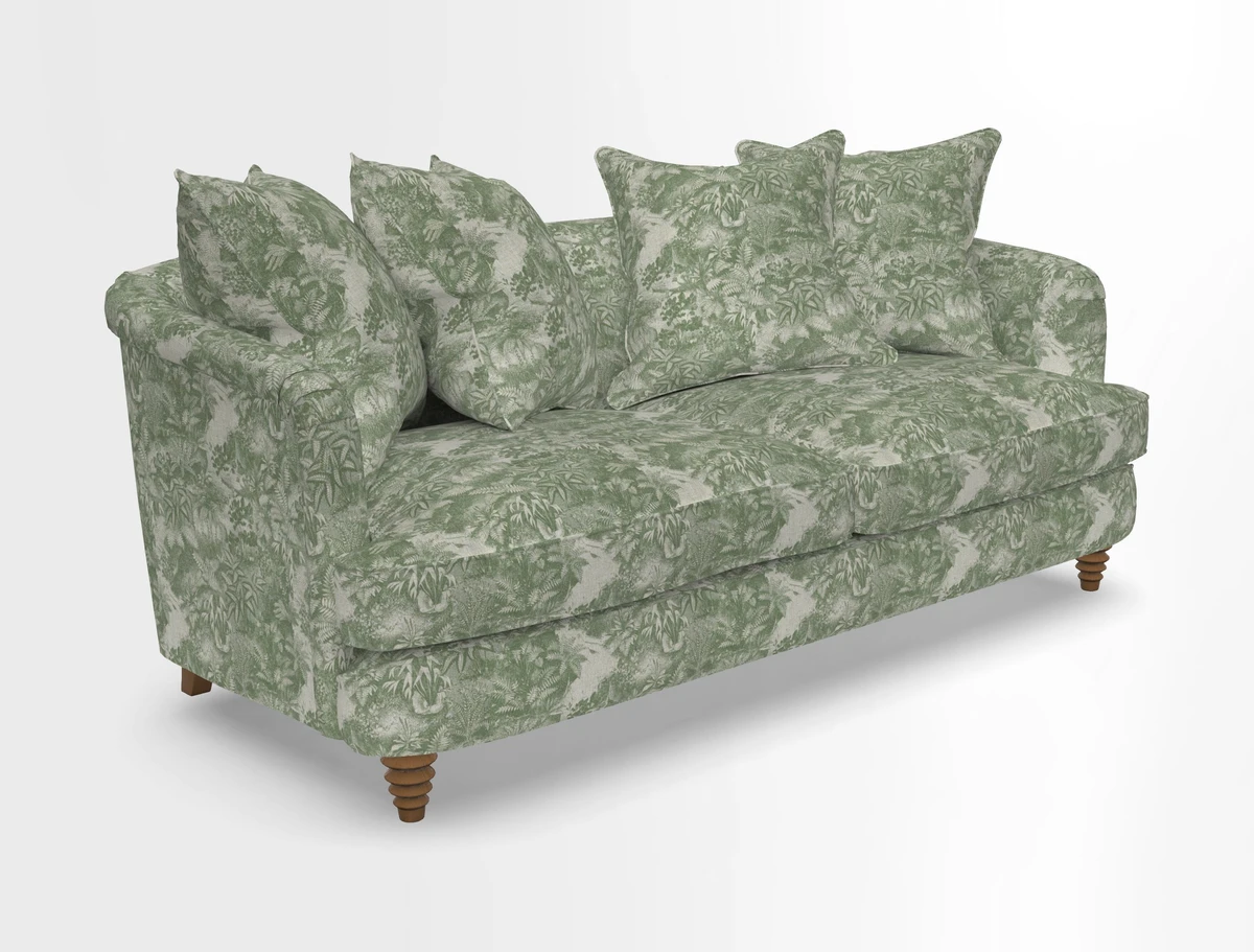 Helmsley 3 Seater Sofa in Mohair Velvet Fir Green with Seat and Back Cushions in RHS Collection Trailing Vine Olive and Small Trailing Ivy Olive