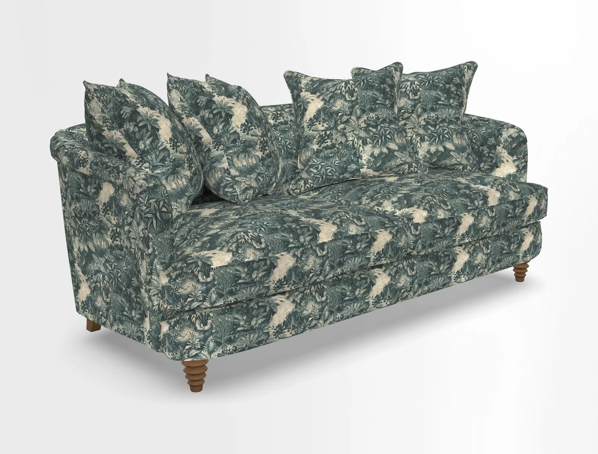 Helmsley 3 Seater Sofa in Mohair Velvet Fir Green with Seat and Back Cushions in RHS Collection Trailing Vine Olive and Small Trailing Ivy Olive