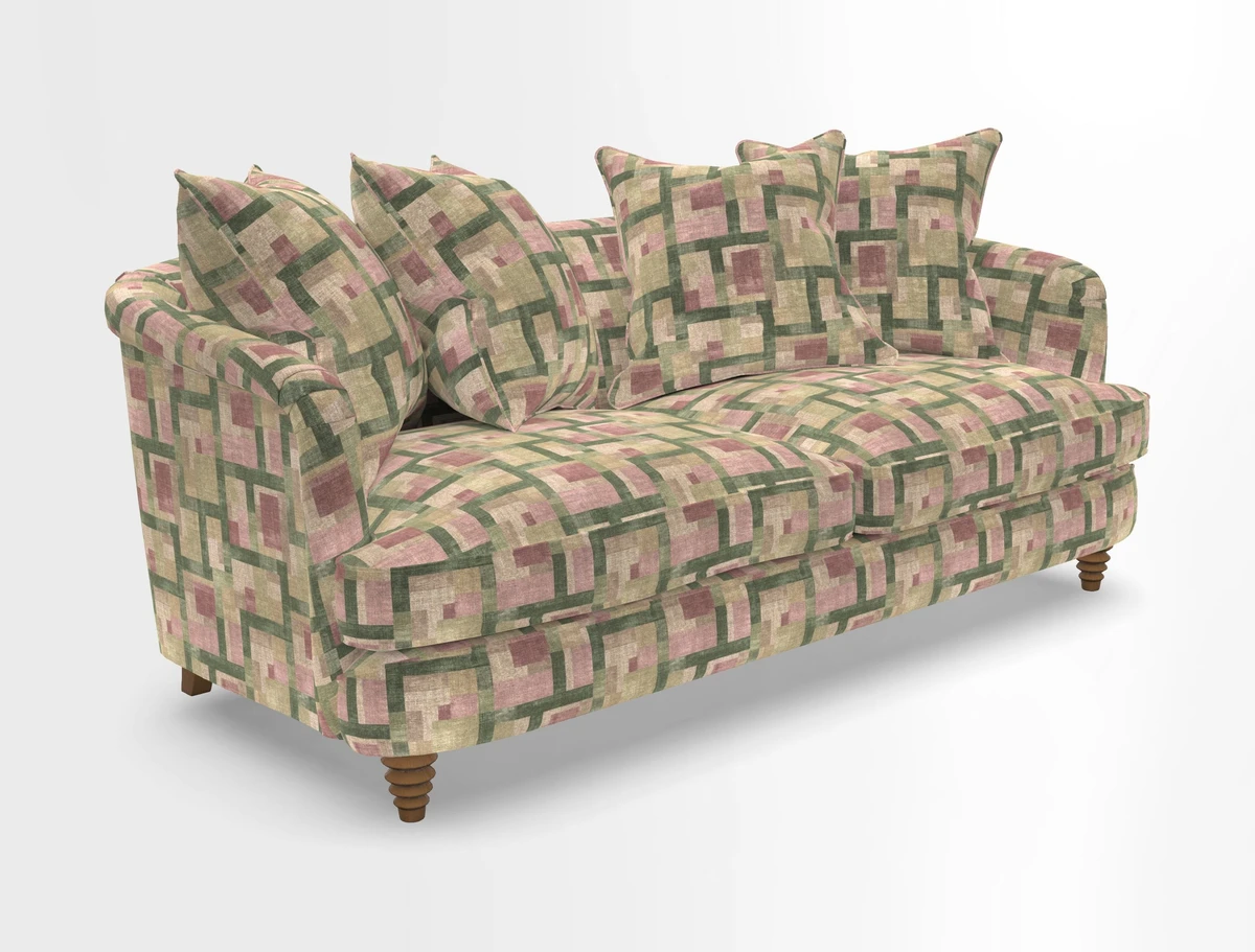 Helmsley 3 Seater Sofa in Mohair Velvet Fir Green with Seat and Back Cushions in RHS Collection Trailing Vine Olive and Small Trailing Ivy Olive