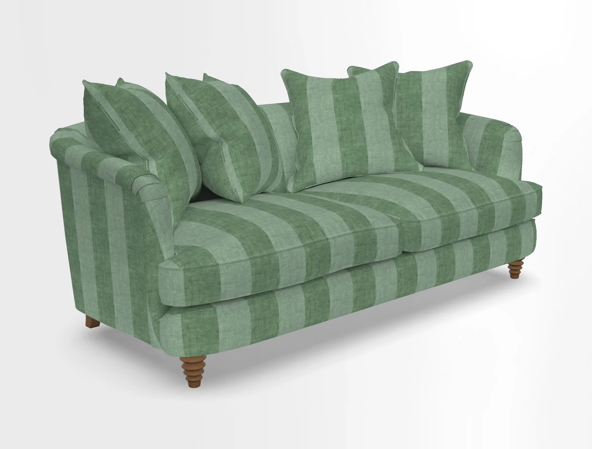 Helmsley 3 Seater Sofa in Mohair Velvet Fir Green with Seat and Back Cushions in RHS Collection Trailing Vine Olive and Small Trailing Ivy Olive