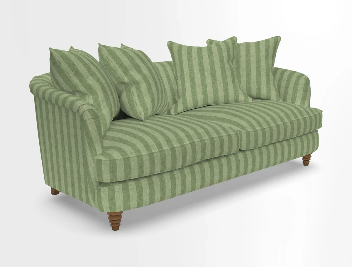 Helmsley 3 Seater Sofa in Mohair Velvet Fir Green with Seat and Back Cushions in RHS Collection Trailing Vine Olive and Small Trailing Ivy Olive