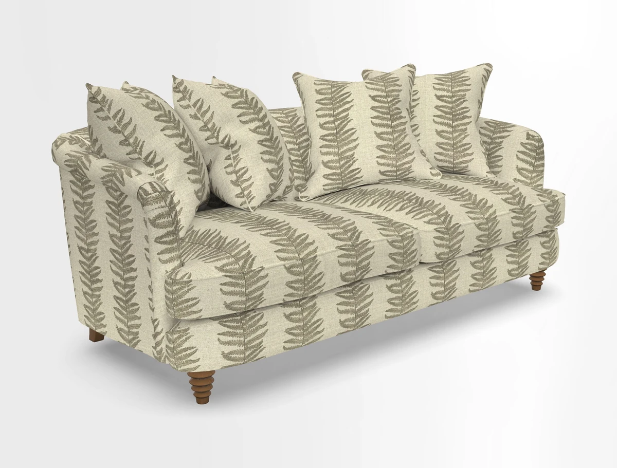 Helmsley 3 Seater Sofa in Mohair Velvet Fir Green with Seat and Back Cushions in RHS Collection Trailing Vine Olive and Small Trailing Ivy Olive