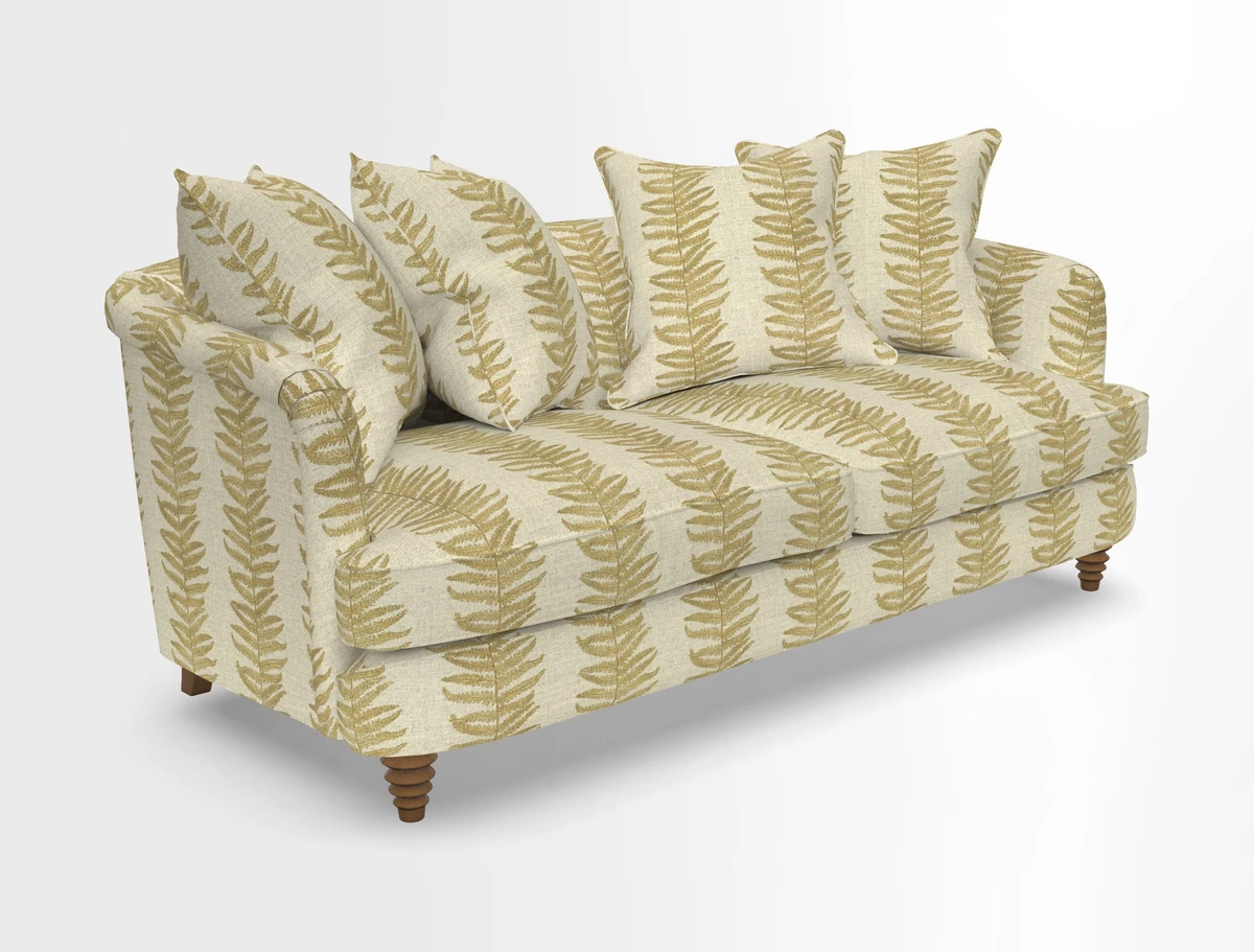 Helmsley 3 Seater Sofa in Mohair Velvet Fir Green with Seat and Back Cushions in RHS Collection Trailing Vine Olive and Small Trailing Ivy Olive