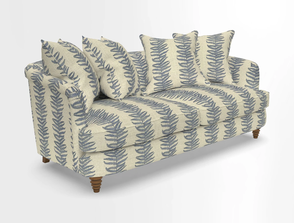 Helmsley 3 Seater Sofa in Mohair Velvet Fir Green with Seat and Back Cushions in RHS Collection Trailing Vine Olive and Small Trailing Ivy Olive