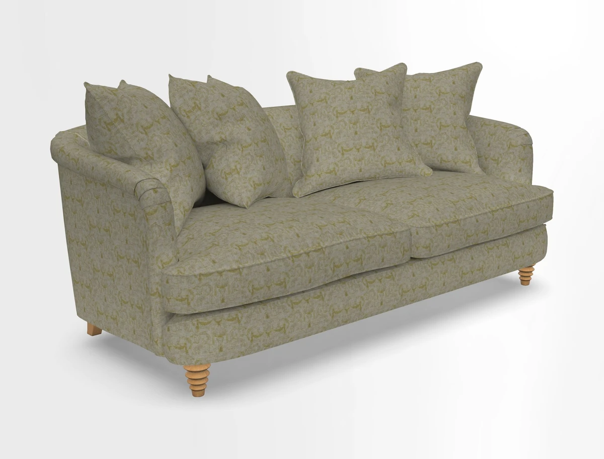 Helmsley 3 Seater Sofa in Mohair Velvet Fir Green with Seat and Back Cushions in RHS Collection Trailing Vine Olive and Small Trailing Ivy Olive