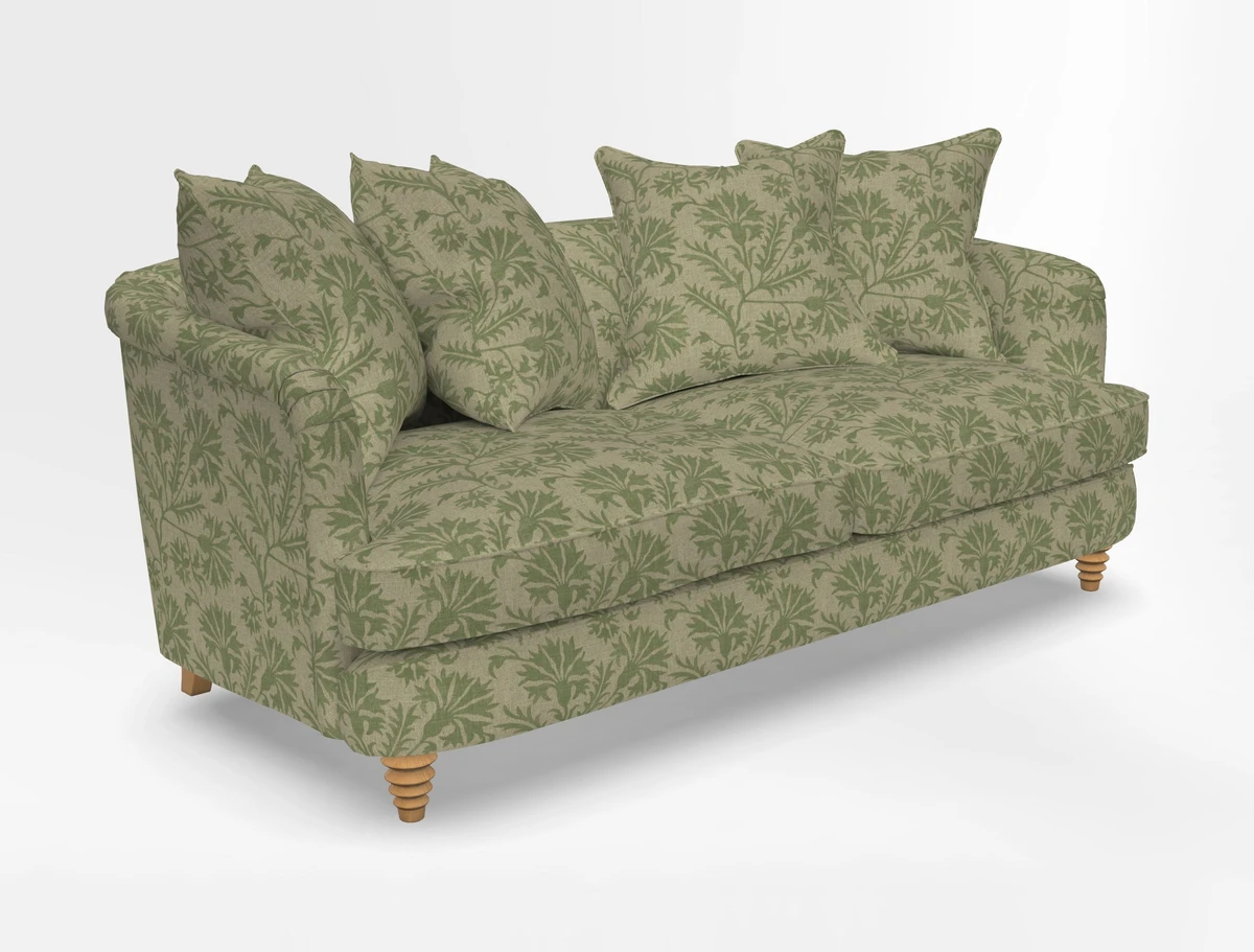 Helmsley 3 Seater Sofa in Mohair Velvet Fir Green with Seat and Back Cushions in RHS Collection Trailing Vine Olive and Small Trailing Ivy Olive
