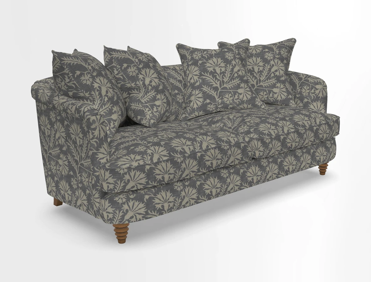 Helmsley 3 Seater Sofa in Mohair Velvet Fir Green with Seat and Back Cushions in RHS Collection Trailing Vine Olive and Small Trailing Ivy Olive