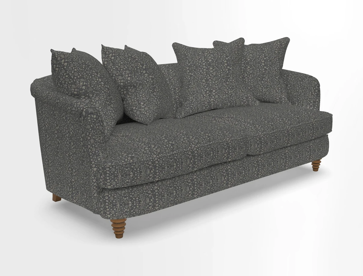 Helmsley 3 Seater Sofa in Mohair Velvet Fir Green with Seat and Back Cushions in RHS Collection Trailing Vine Olive and Small Trailing Ivy Olive