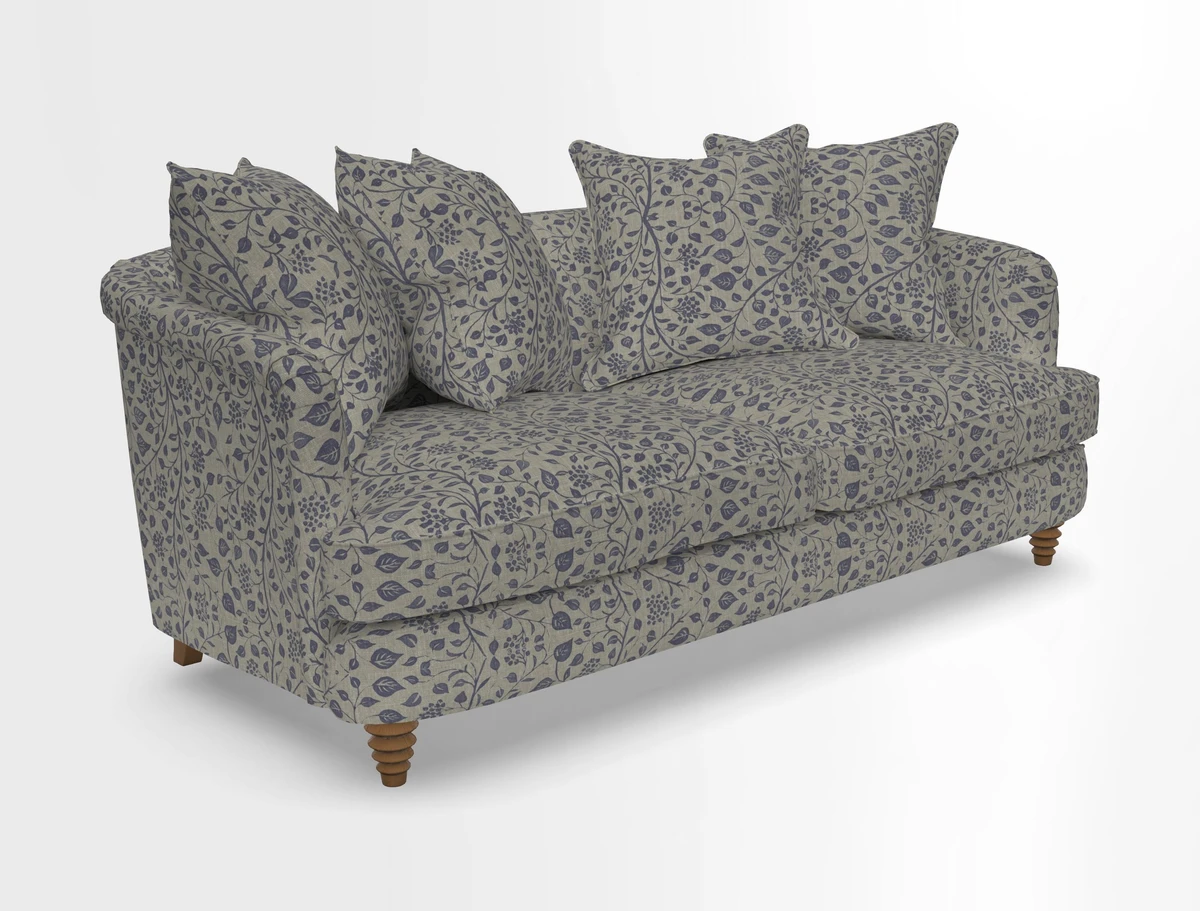 Helmsley 3 Seater Sofa in Mohair Velvet Fir Green with Seat and Back Cushions in RHS Collection Trailing Vine Olive and Small Trailing Ivy Olive