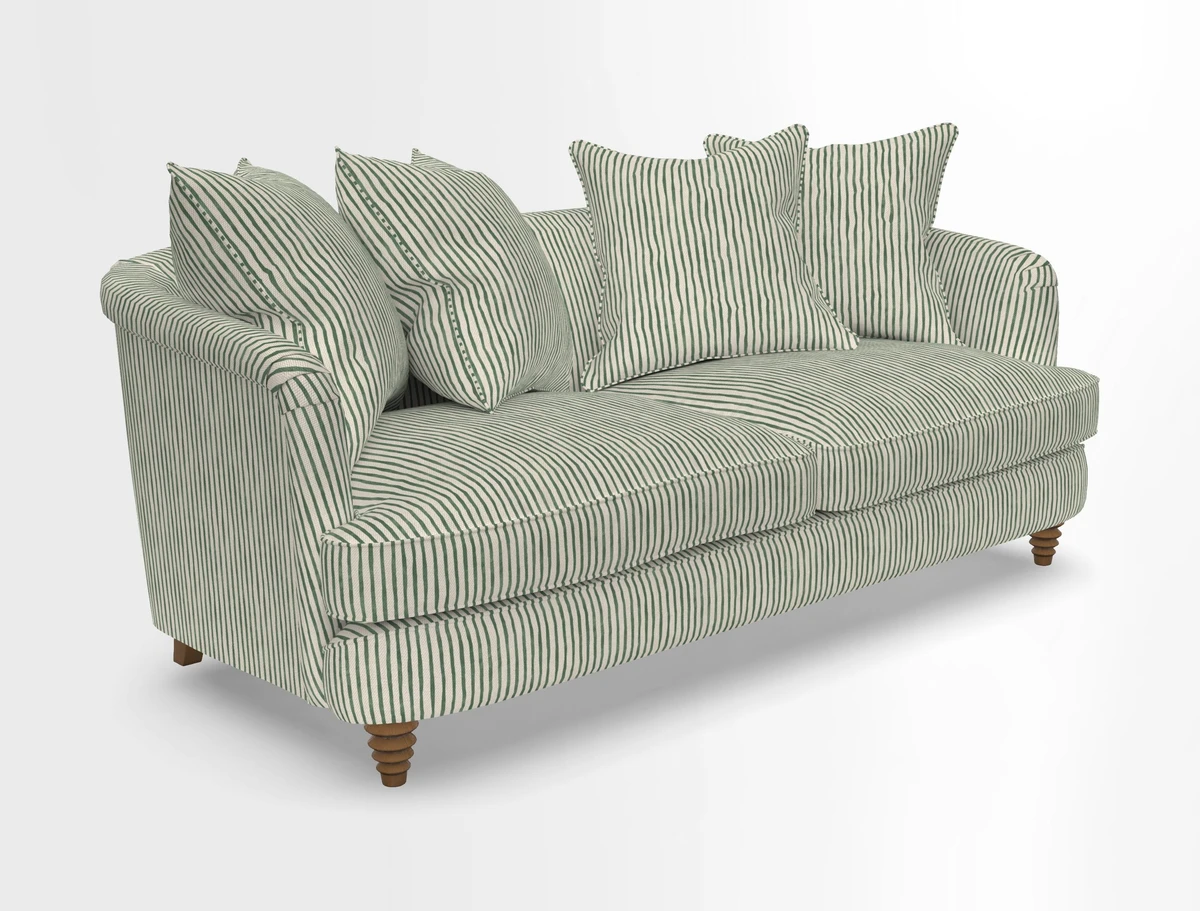 Helmsley 3 Seater Sofa in Mohair Velvet Fir Green with Seat and Back Cushions in RHS Collection Trailing Vine Olive and Small Trailing Ivy Olive