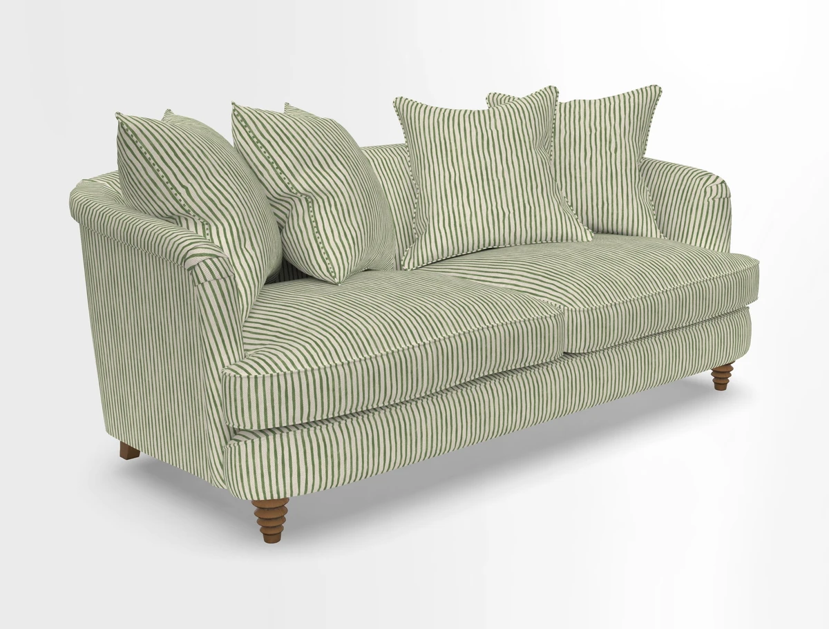 Helmsley 3 Seater Sofa in Mohair Velvet Fir Green with Seat and Back Cushions in RHS Collection Trailing Vine Olive and Small Trailing Ivy Olive